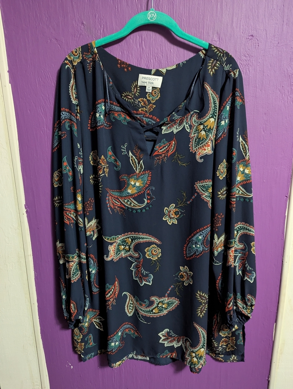 💜 Prescott New York Navy Boho Colorful Paisley Log Sleeve Tunic Blouse 3X 24